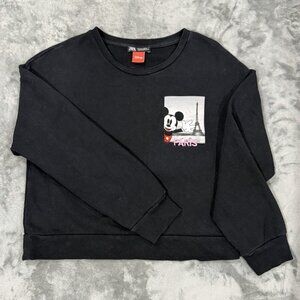 ZARA Disney Mickey Mouse Paris Sweatshirt Womens Small Black Cropped